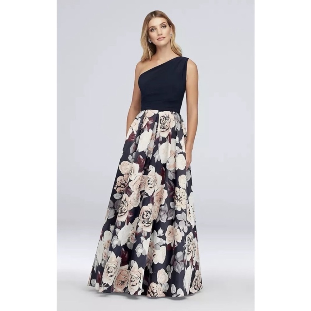 Betsy & Adam One-Shoulder Navy Top Floral Ball Gown